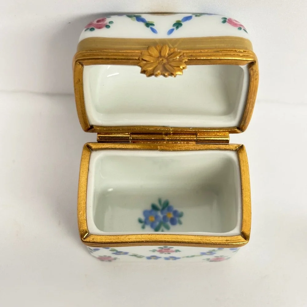 Vintage Limoges Trinket Box Two Glass Bottles Hand Painted Floral Porcelain